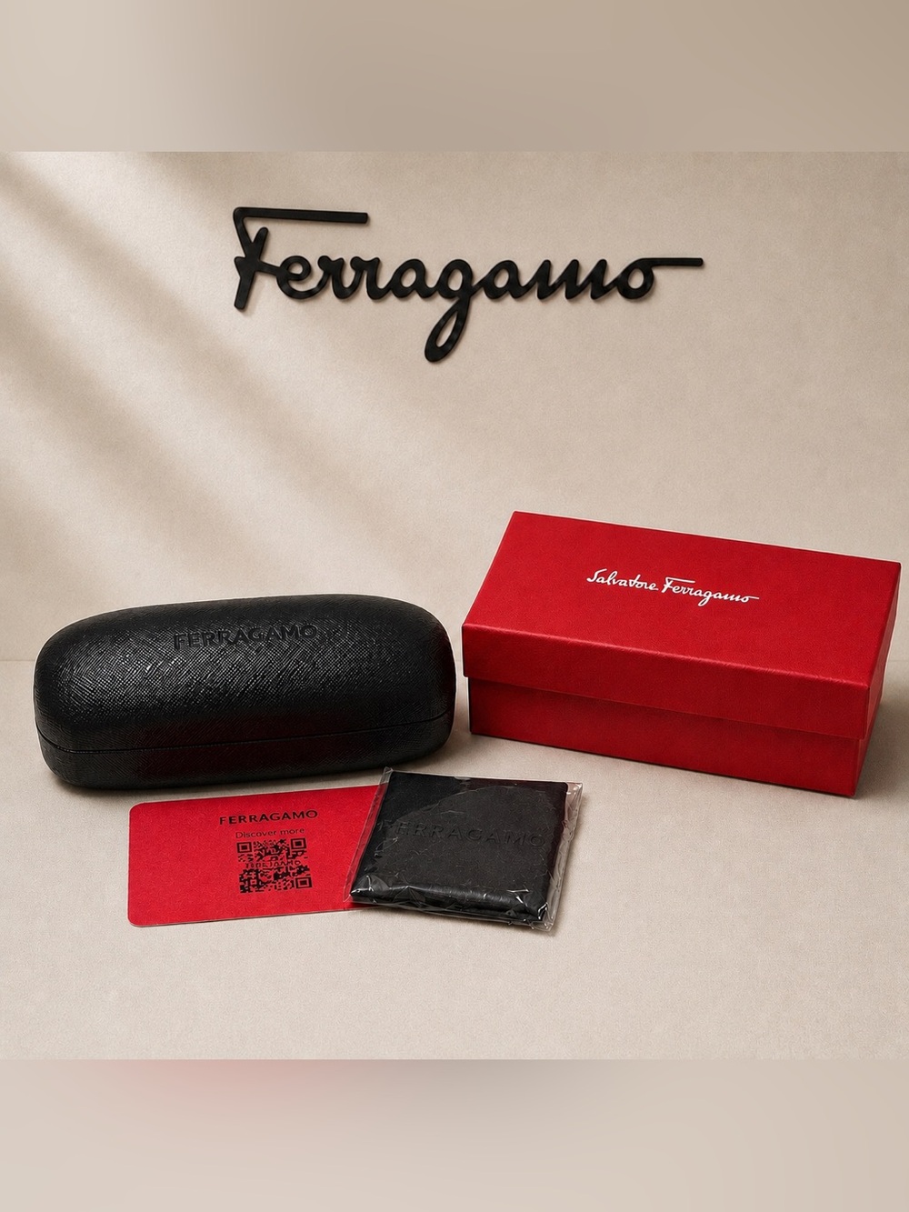 Salvatore Ferragamo Black Saffiano Sunglasses Case Gift Box & Cleaning Cloth
